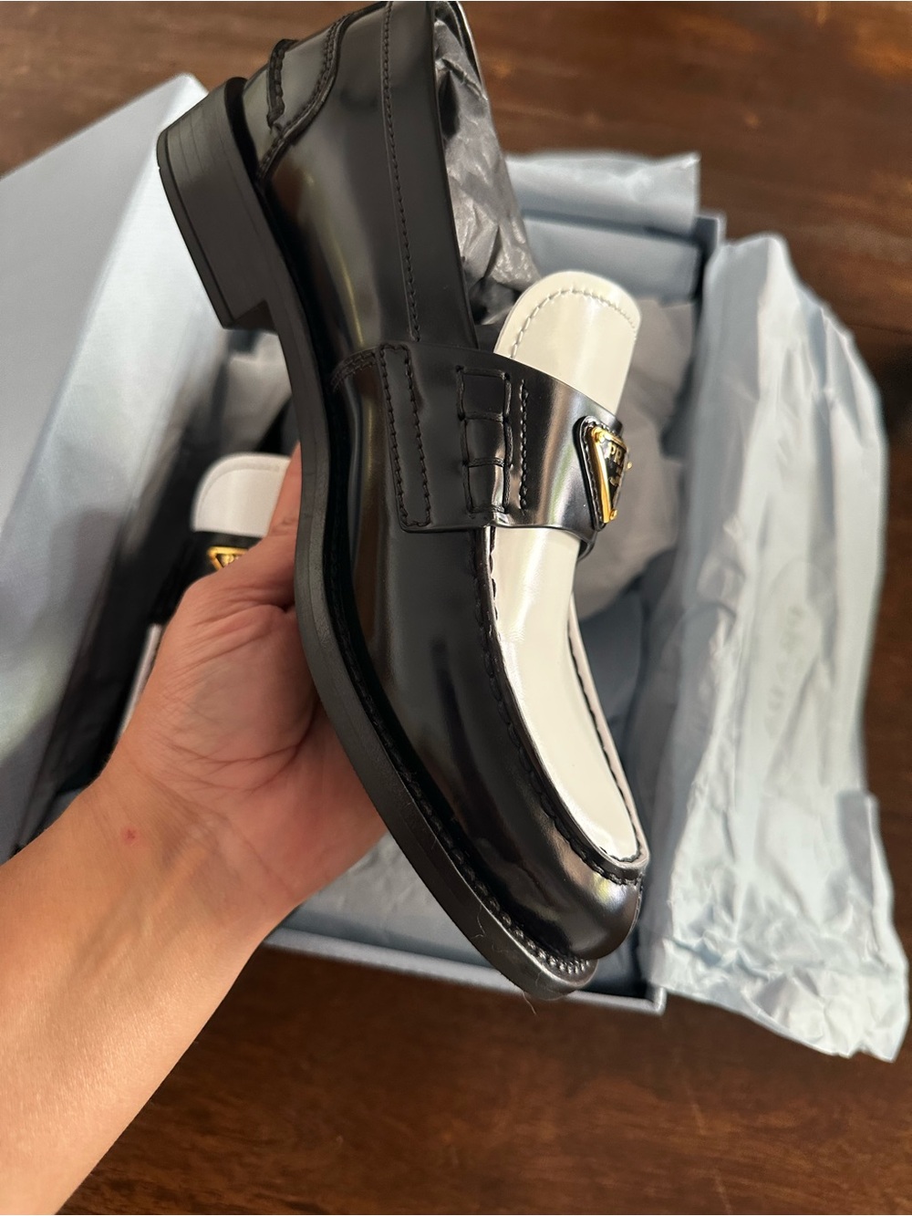 Prada Black and White Leather Penny Loafers with Gold Logo - Picture 5 of 14